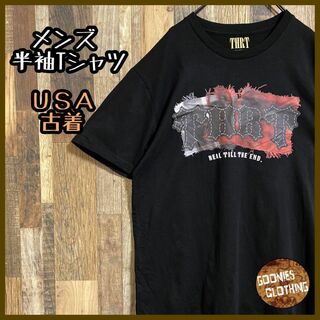 メンズ 半袖 Tシャツ 黒 プリT ロック 赤 M USA古着 90s(Tシャツ/カットソー(半袖/袖なし))