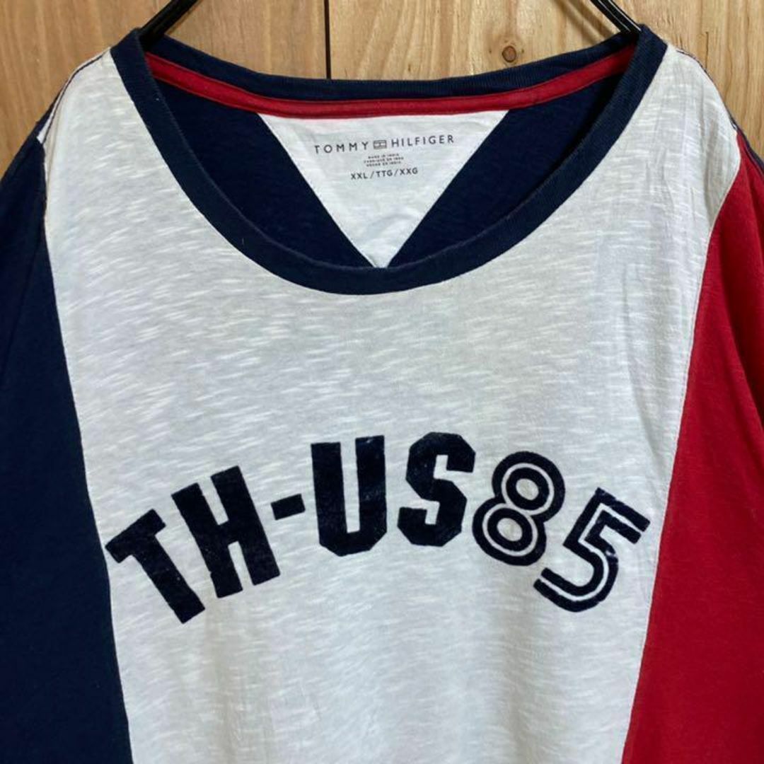 TOMMY HILFIGER(トミーヒルフィガー)のトミーヒルフィガー Tシャツ レッド ネイビー XXL USA古着 90s 半袖 メンズのトップス(Tシャツ/カットソー(半袖/袖なし))の商品写真