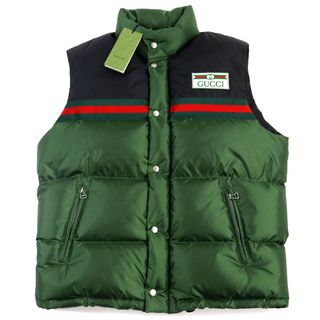 グッチ(Gucci)の極美品○GUCCI グッチ 2022年製 698713 Z8A1T ウェブライン ロゴラベル付き トリコロール ナイロンサテンベスト/ダウンベスト グリーン系 44 イタリア製 正規品 メンズ 定価319,000円(ダウンベスト)