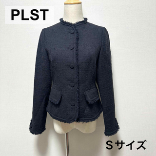 PLST - 美品 PLST ノーカラー ツイード ジャケット ネイビー