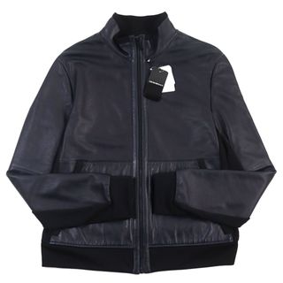 エンポリオアルマーニ(Emporio Armani)の未使用品○EMPORIO ARMANI エンポリオ アルマーニ 2018年製 11R20P 11P36 ラムレザー 黒タグ 異素材切替 スタンドカラー バイカラー ジップジャケット/ブルゾン ネイビー ブラック 52 正規品 メンズ(ブルゾン)