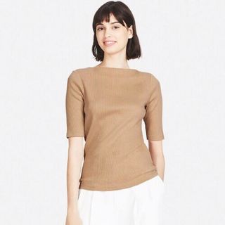 ユニクロ(UNIQLO)のリブ ボートネック Tシャツ 5分袖☆デザイン ドレープ シルエット モード(Tシャツ(半袖/袖なし))