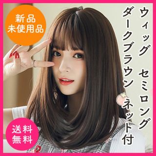 ウィッグ　セミロング　ダークブラウン　ネット付き(ロングストレート)