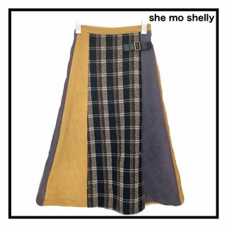 she mo shelly　チェック×スエードスカート　ロング　Aライン　ウール(ロングスカート)