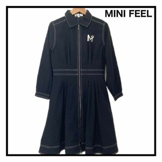 MINI FEEL　ひざ丈ワンピース　ワンポイント　長袖　ネイビー　ジップアップ(ひざ丈ワンピース)