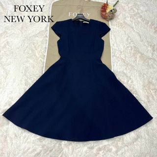 フォクシーニューヨーク(FOXEY NEW YORK)のFOXEY キャップスリーブフレアワンピース ネイビー 大きいサイズ42(ひざ丈ワンピース)