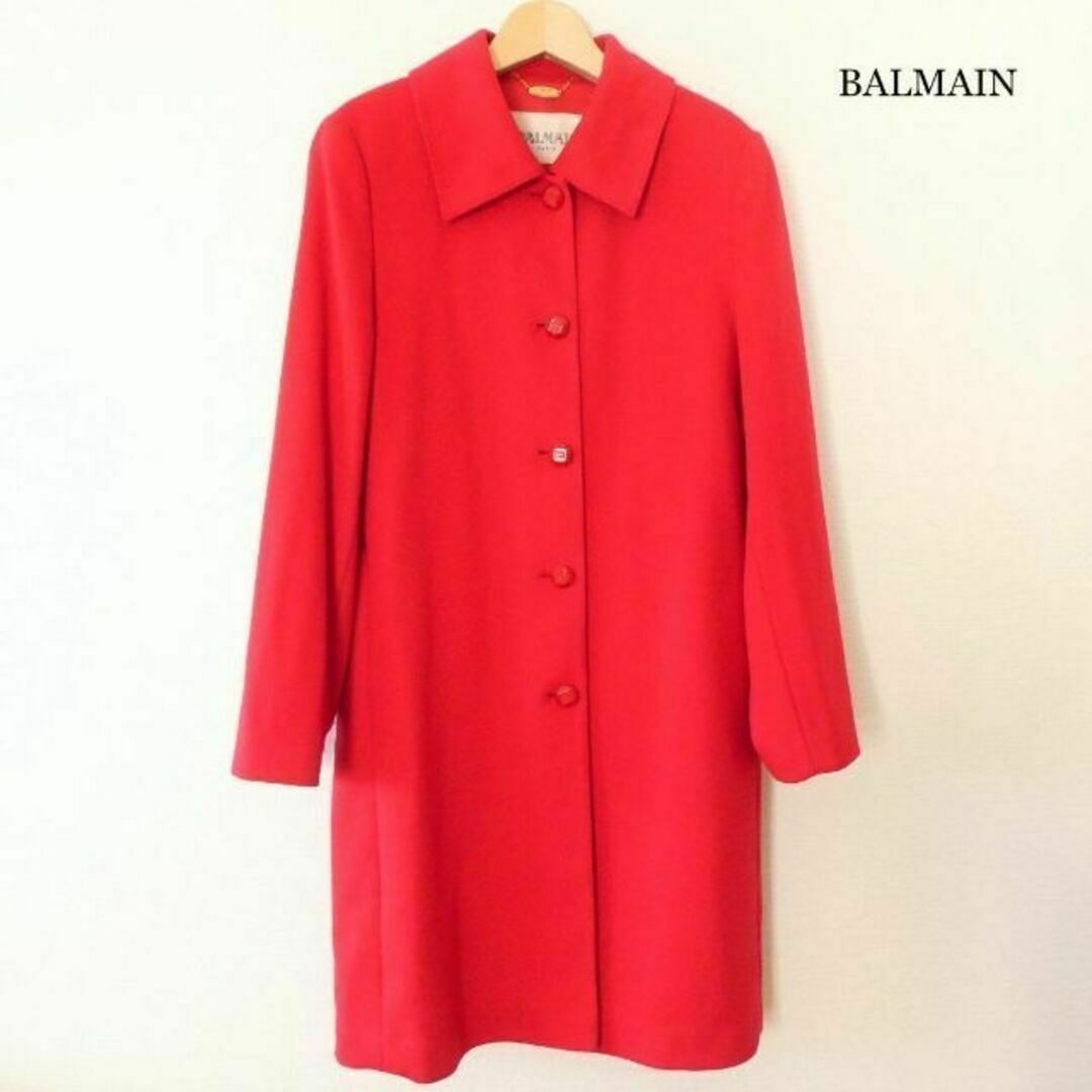 BALMAIN(バルマン)の美品 バルマン 裏地ロゴ ロング丈 ステンカラーコート バルマカーンコート レディースのジャケット/アウター(ロングコート)の商品写真