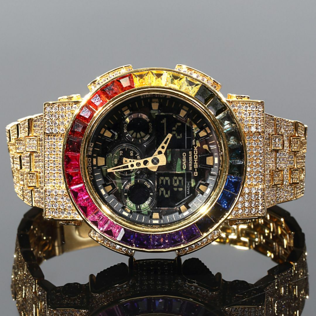 G-SHOCK(ジーショック)のG-SHOCK カスタム レインボーベゼル GA100 カモフラ フルカスタム Gショック 大粒CZダイヤベゼル（キュービックジルコニア）18Kゴールド メンズの時計(腕時計(アナログ))の商品写真