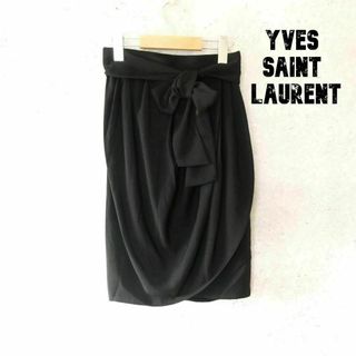 イヴサンローラン(Yves Saint Laurent)の美品 YVES SAINT LAURENT リボン タック 膝丈 ラップスカート(ひざ丈スカート)