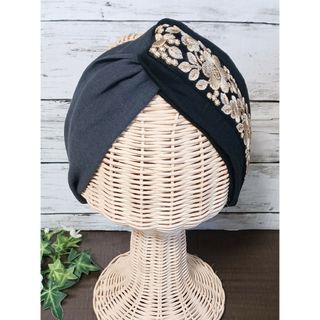 インド刺繍リボン　クロスターバン　ハーフリネン(ヘアアクセサリー)