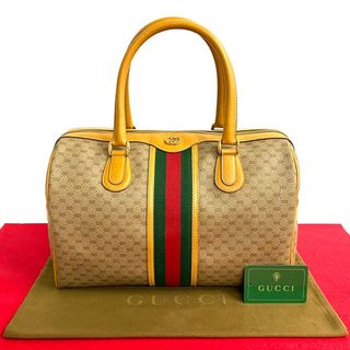 グッチ(Gucci)のほぼ未使用 GUCCI オールドグッチ グッチ ヴィンテージ シェリーライン マイクロGG ロゴ レザー ハンドバッグ ボストンバッグ 茶 27797(ボストンバッグ)