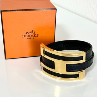 エルメス(Hermes)のHERMES エルメス プスプス ブレスレット ゴールド ブラック レザー☆(ブレスレット/バングル)