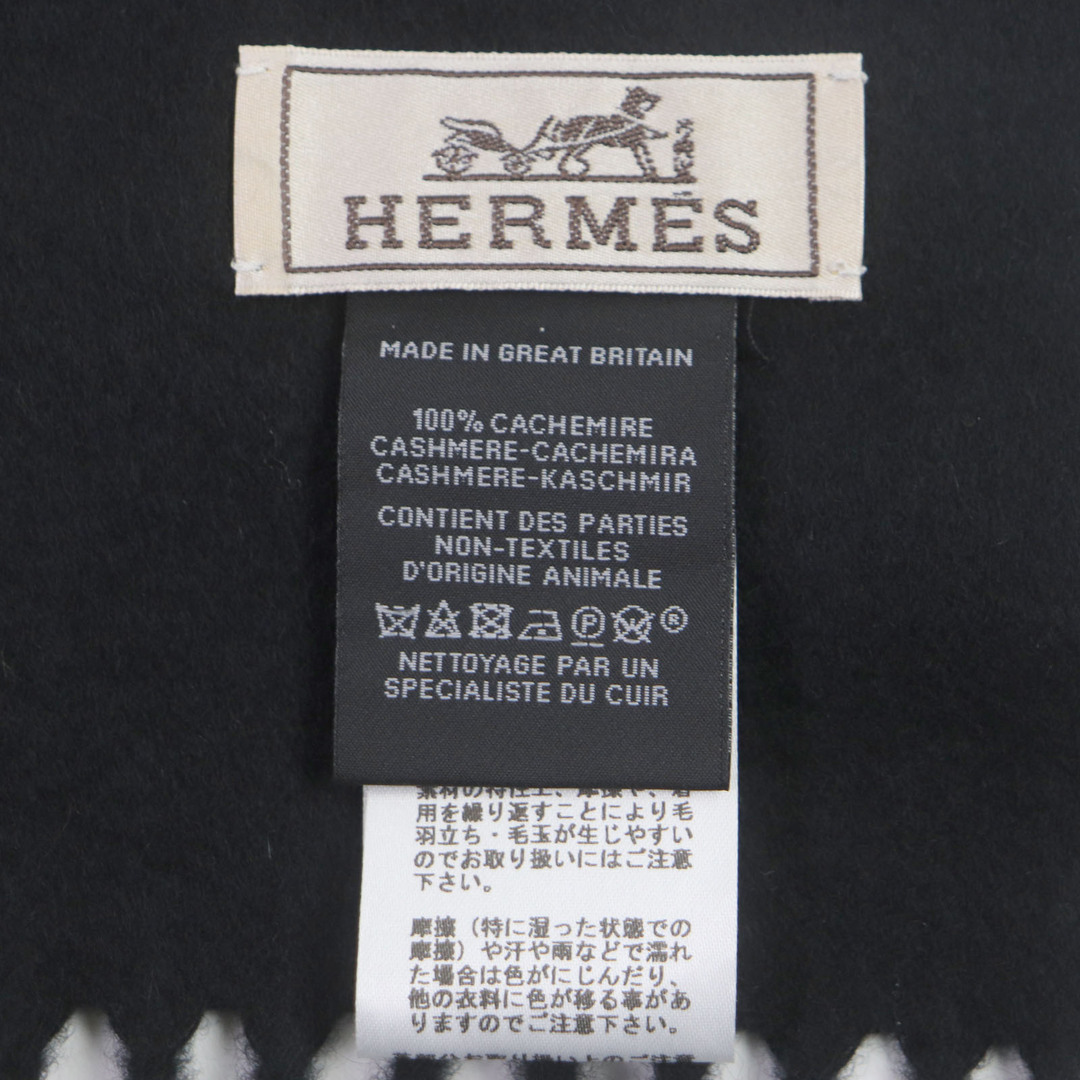 Hermes(エルメス)の極美品▼HERMES エルメス 19AW ワイルドホース カシミヤ100% ロゴ刺繍入り フリンジ付き レザー使い マフラー ブラック イギリス製 正規品 メンズ メンズのファッション小物(マフラー)の商品写真