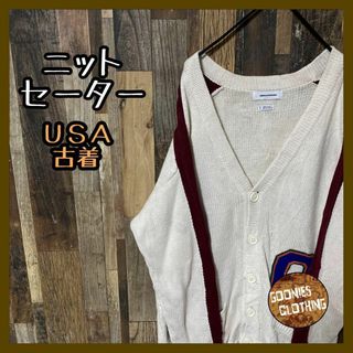 ニット カーディガン メンズ M クリーム USA古着 90s 長袖 ワッペン(カーディガン)