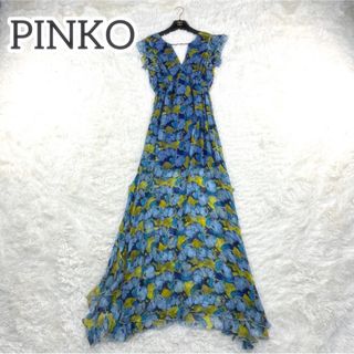 ピンコ(PINKO)の超希少✨PINKO デザインワンピース　ブルー　ドレス　ロング丈　ノースリーブ(ロングワンピース/マキシワンピース)