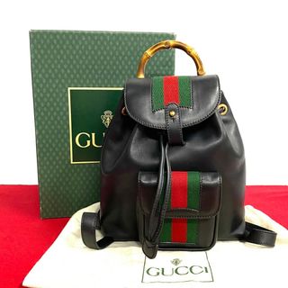 グッチ(Gucci)の極 美品 箱 袋付 GUCCI グッチ オールドグッチ シェリーライン バンブー 巾着 レザー リュックサック バックパック デイバッグ 黒 69150(リュック/バックパック)