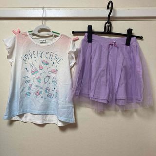 シマムラ(しまむら)の半袖Tシャツ　レース付きパンツ　130    女の子　りぼん　上下セット　パンツ(Tシャツ/カットソー)