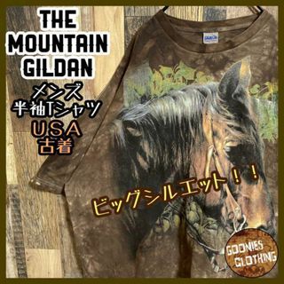 ギルダン ザマウンテン ホース 馬 アニマル ブラウン 染め Tシャツ US古着(Tシャツ/カットソー(半袖/袖なし))