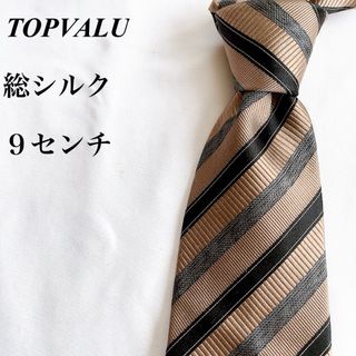 イオン(AEON)の美品★TOPVALU★ベージュ★レジメンタル柄★総柄★総シルク★ネクタイ★9.5(ネクタイ)