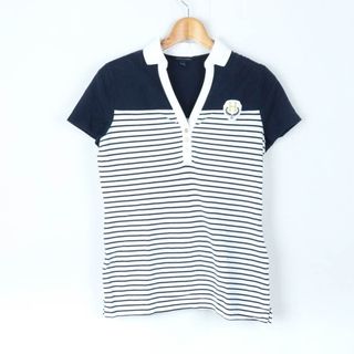 トミーヒルフィガー(TOMMY HILFIGER)のトミーヒルフィガー 半袖ポロシャツ ボーダー柄 エンブレム ゴルフウエア レディース S/Pサイズ 白×紺 TOMMY HILFIGER(ポロシャツ)