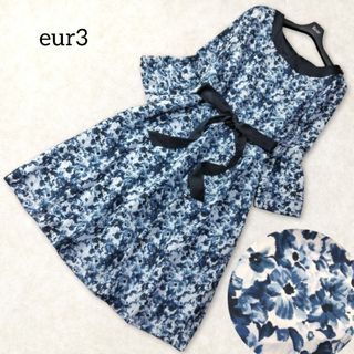 エウルキューブ(eur3)のエウルキューブ ✿ 花柄 フレア ワンピース 13号 XL ネイビー 春夏 長袖(ひざ丈ワンピース)