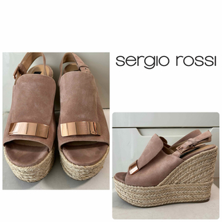 Sergio Rossi - セルジオロッシ　ベージュスエード　メタリックプレート　ウエッジ　サンダル