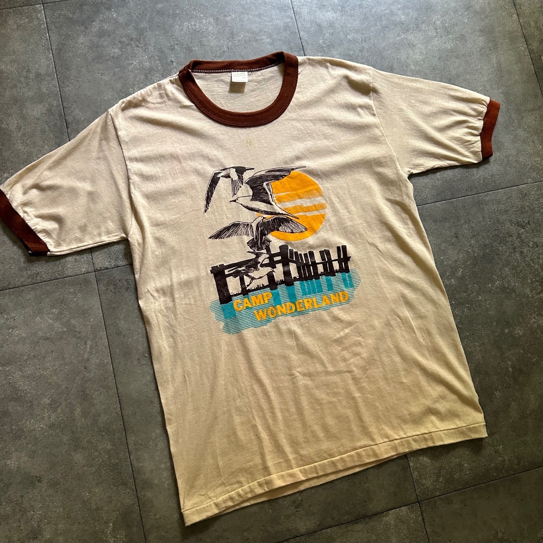 80s sportswear リンガーtシャツ USA製 L ベージュ×ブラウン メンズのトップス(Tシャツ/カットソー(半袖/袖なし))の商品写真