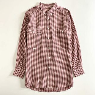 77d12 日本製 Papas パパス 長袖シャツ ボタンダウンシャツ チェックシャツ M レッド×ホワイト 絹 シルク100％ メンズ 紳士服(シャツ)