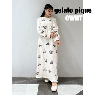 ジェラートピケ(gelato pique)のジェラートピケ　ジェラピケ　パンダ柄ワンピース　オフホワイト　フリー★新品(ルームウェア)