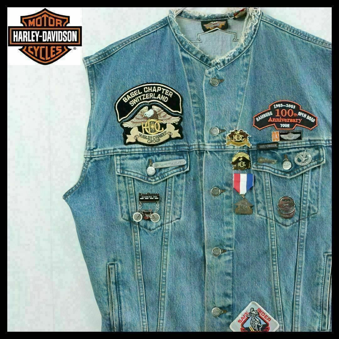 Harley Davidson(ハーレーダビッドソン)の【希少】一点物 ハーレーダビッドソン デニムベスト バッチ 刺繍 古着 入手困難 メンズのトップス(ベスト)の商品写真