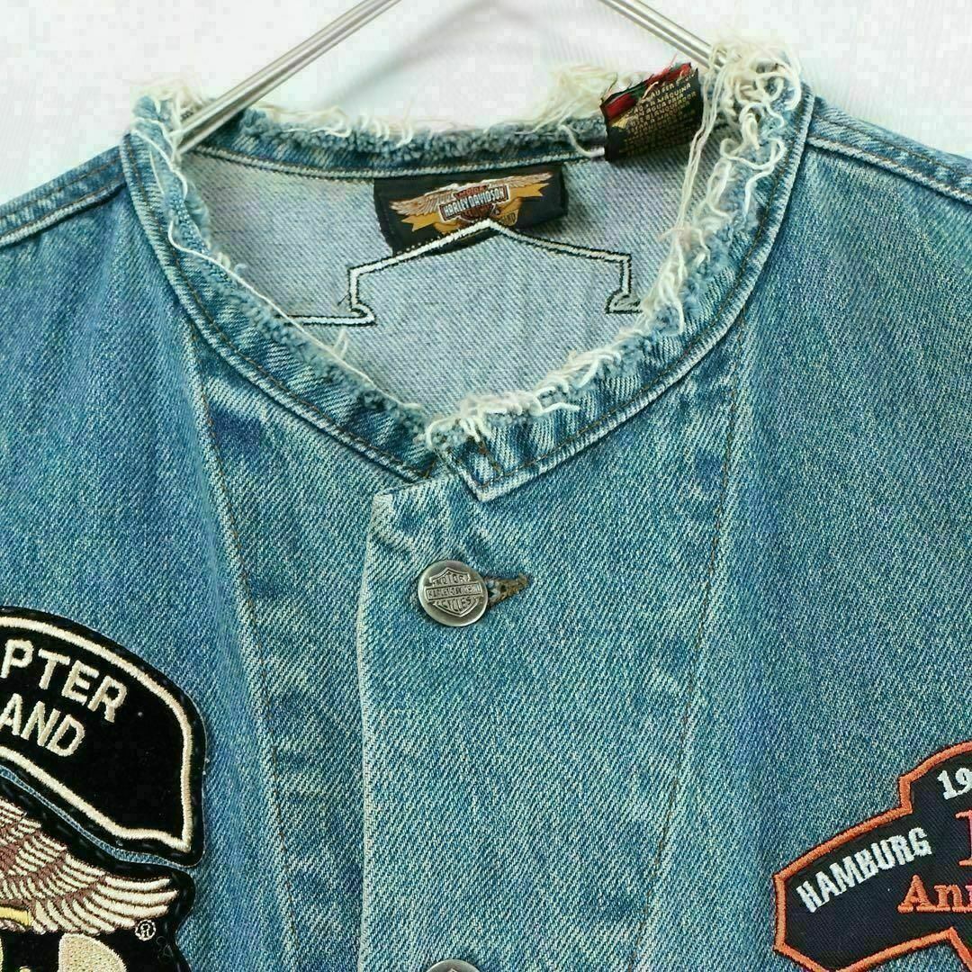 Harley Davidson(ハーレーダビッドソン)の【希少】一点物 ハーレーダビッドソン デニムベスト バッチ 刺繍 古着 入手困難 メンズのトップス(ベスト)の商品写真