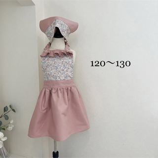 キッズエプロン&三角巾2点セット　ハンドメイド　花柄　ピンク(ファッション雑貨)