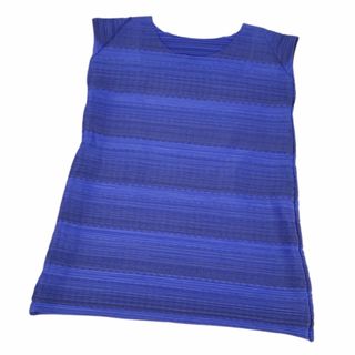 プリーツプリーズイッセイミヤケ(PLEATS PLEASE ISSEY MIYAKE)の美品 プリーツプリーズ イッセイミヤケ PLEATS PLEASE シャツ ブラウス チュニック ノースリーブ 横プリーツ ボーダー トップス レディース ３(L相当) ブルー/ブラック(シャツ/ブラウス(半袖/袖なし))