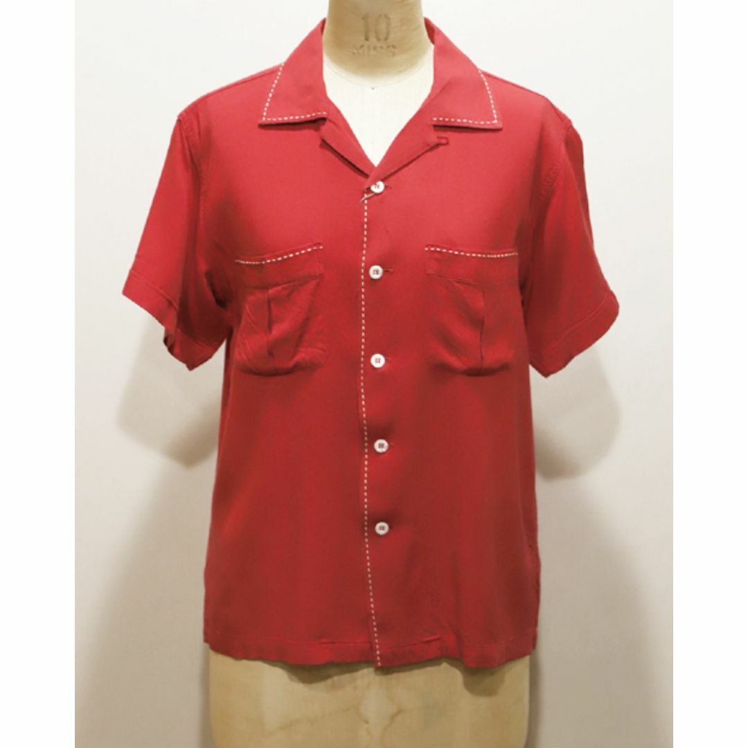 THE FLAT HEAD(フラットヘッド)のTHE FLAT HEAD　ザフラットヘッド　OPEN COLLAR RAYON SHIRT　３６　RED　ヨゴレ・ダメージ有 メンズのトップス(シャツ)の商品写真