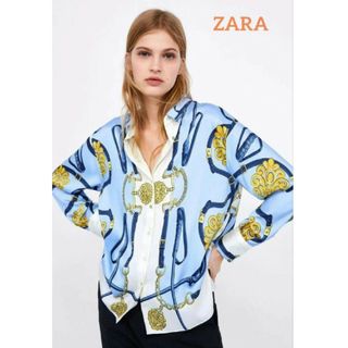 ザラ(ZARA)のZARA ザラ ポリエステルシャツ 総柄 チェーン柄 M オーバーサイズ 美品(シャツ/ブラウス(長袖/七分))