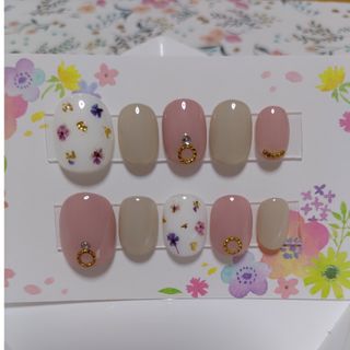 ネイルチップ 現品 押し花×ピンクベージュ