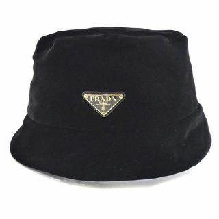 プラダ(PRADA)の極美品 プラダ 帽子 PRADA ベルベット ベロア バケットハット トライアングルロゴ サイズL 黒 ブラック レディース 1HC137 T-YJP06222(ハット)