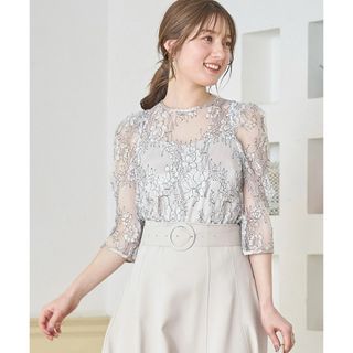 トッコクローゼット(TOCCO closet)の可愛さに見惚れるキャミソール付きバックリボンパワーショルダー配色レースブラウス(シャツ/ブラウス(半袖/袖なし))