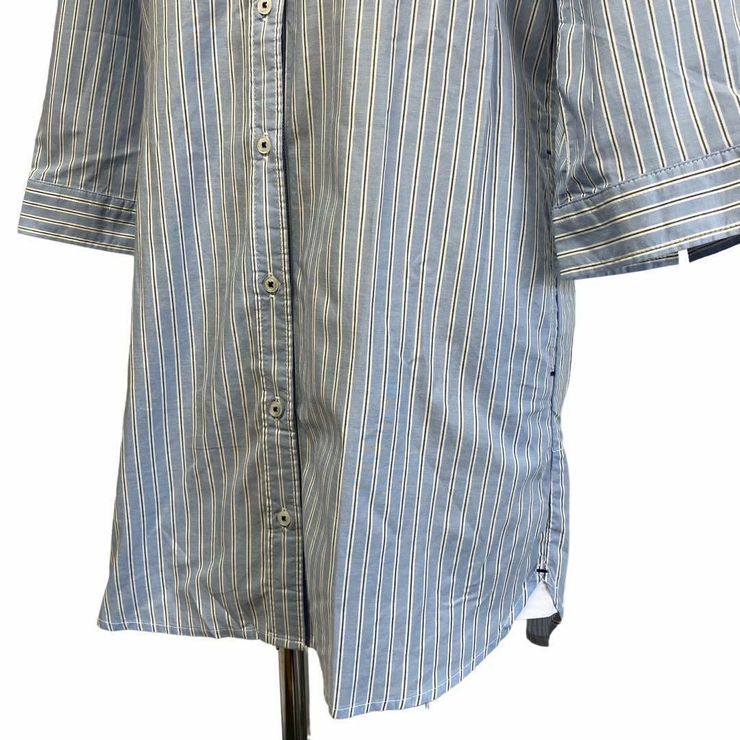 GU(ジーユー)のGU シャツ　ブラウス　ロング　ストライプ柄　青　白　グレー　体型カバー レディースのトップス(シャツ/ブラウス(長袖/七分))の商品写真