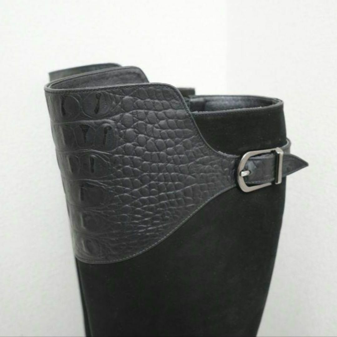 【美品】INTELLIGENTE スエード ロングブーツ 黒 本革 ベルト レディースの靴/シューズ(ブーツ)の商品写真