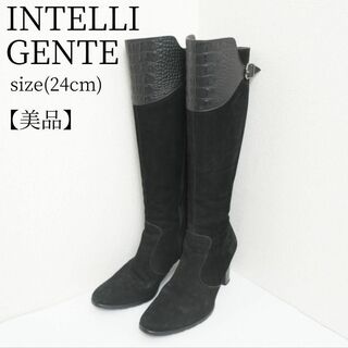 【美品】INTELLIGENTE スエード ロングブーツ 黒 本革 ベルト(ブーツ)