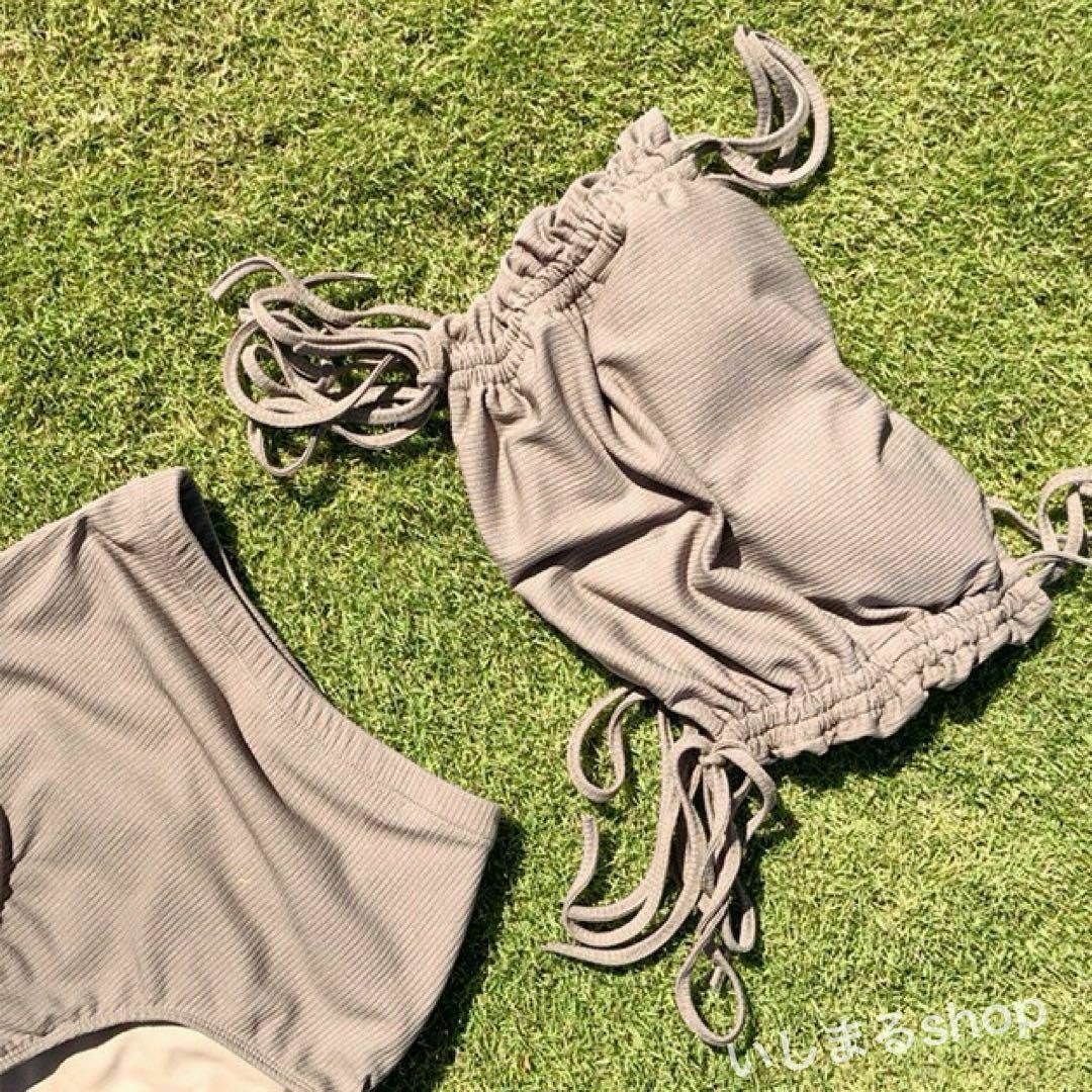 ビキニ 水着 タンキニ　体型カバー　ハイウエスト　リボン　ベージュ　韓国L207 レディースの水着/浴衣(水着)の商品写真