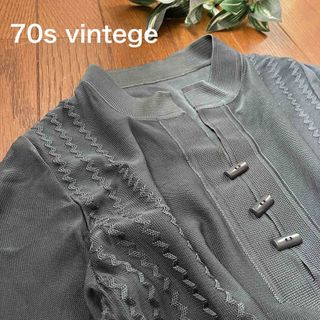  70s vintege  波ラインステッチ  チャイナカラーのニットカットソー(カットソー(長袖/七分))