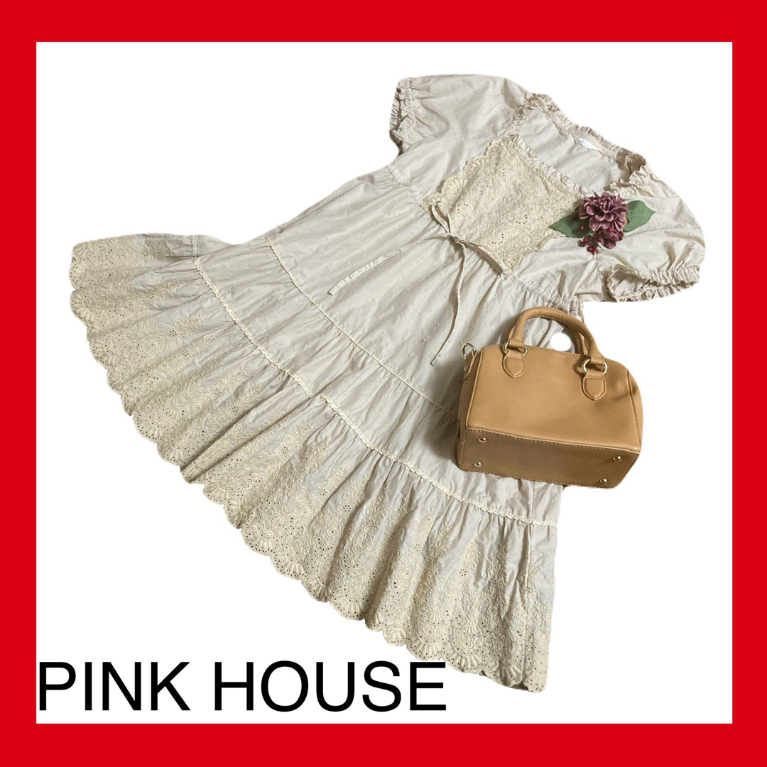 PINK HOUSE(ピンクハウス)のピンクハウスレース刺繍チュニックワンピースベージュ2007年 レディースのトップス(チュニック)の商品写真