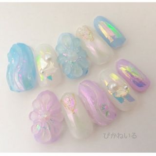 ニュアンス，ぷっくりフラワーオーロラネイル