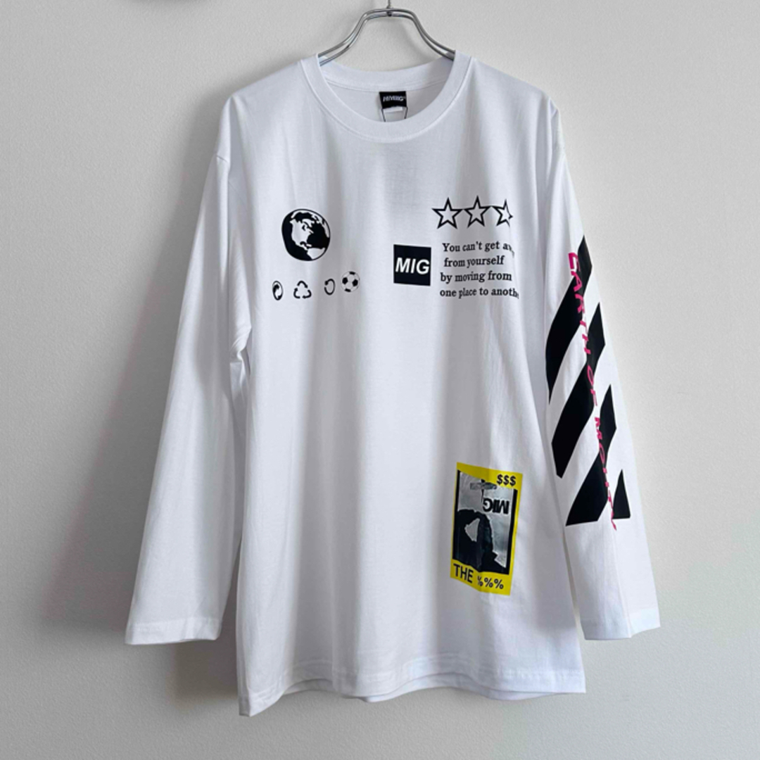 デコレーション プリント ロンT ホワイト ビッグサイズ 2XL ユニセックス メンズのトップス(Tシャツ/カットソー(七分/長袖))の商品写真