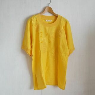 日本製 COSTAE RA リネン トップス 刺繍 黄色(カットソー(半袖/袖なし))