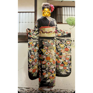 成人式　結婚式　振袖　京友禅　京都　着物　フルセット　手描き　黒　ゴールド　美品(振袖)