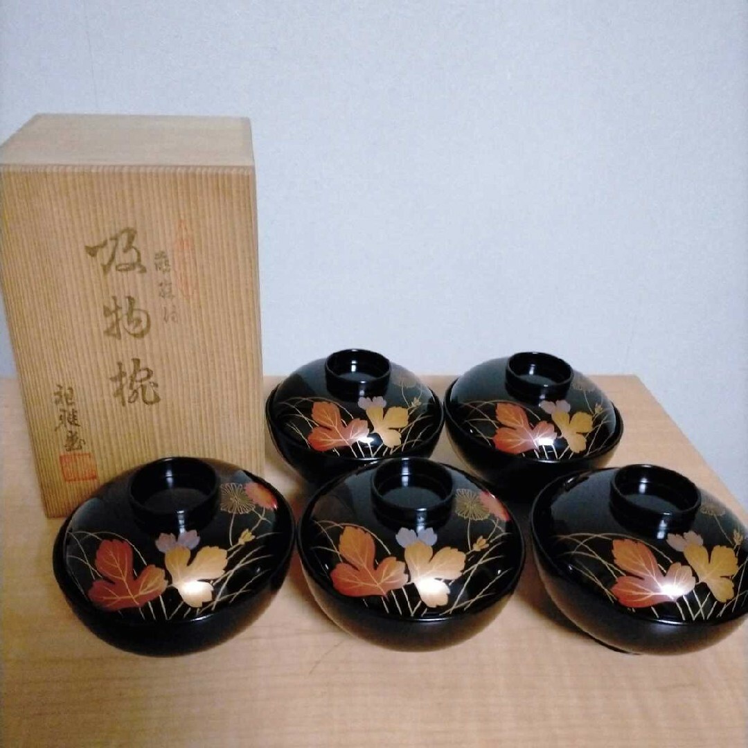 新品未使用 越前塗 祖雅堂 蒔絵付 吸物椀 五客揃 漆器 共箱 エンタメ/ホビーの美術品/アンティーク(漆芸)の商品写真