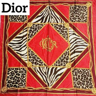 クリスチャンディオール(Christian Dior)の★Dior★ スカーフ 大判 旧ロゴ レオパード ゼブラ シルク レッド(バンダナ/スカーフ)